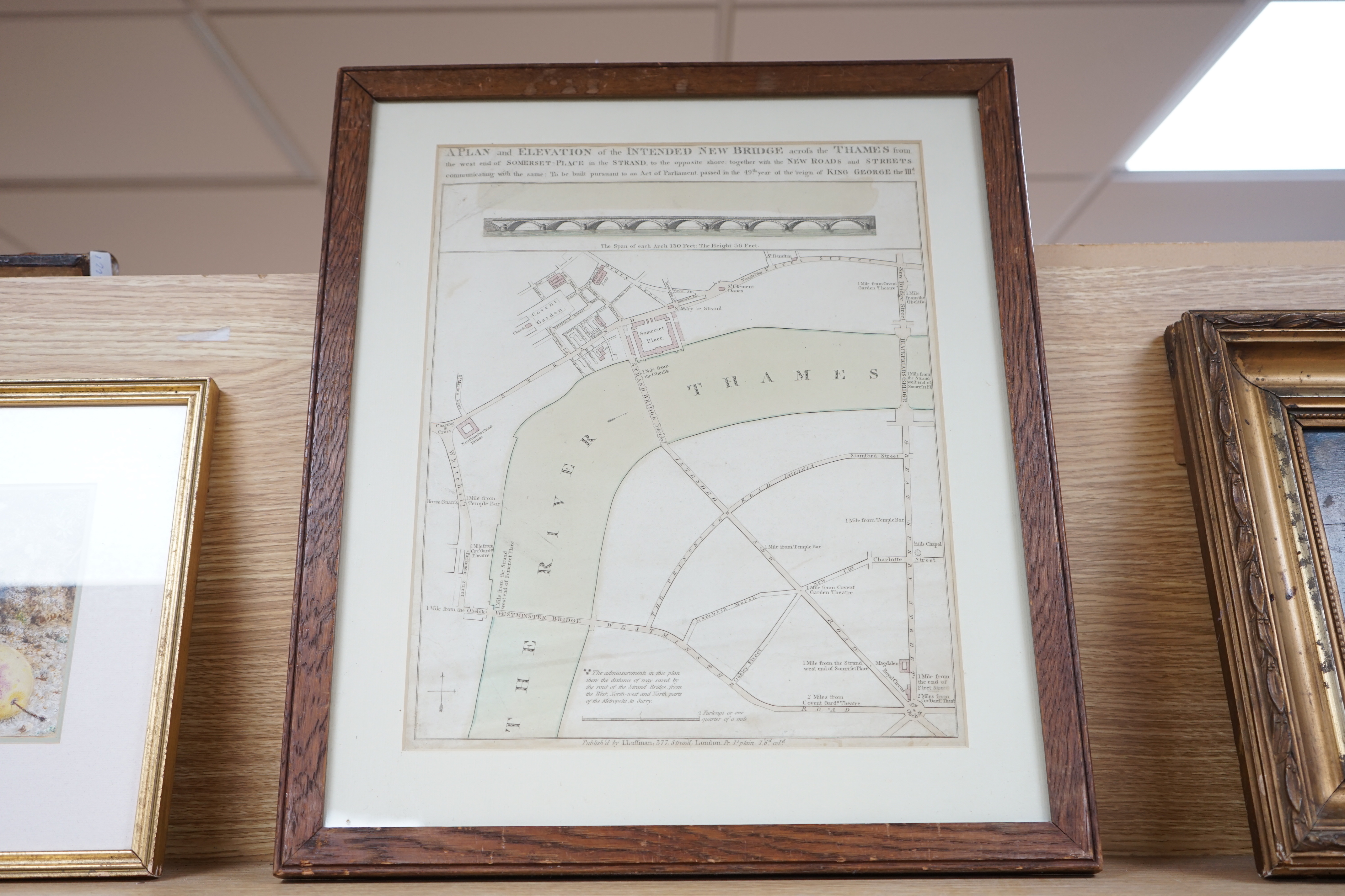 A 19th century engraving, Plan and Elevation of the intended new bridge across The Thames, an Act of Parliament passed in the 49th year of King George III, publ. by L. Luffman, 377 Strand, London, 35 x 28cm